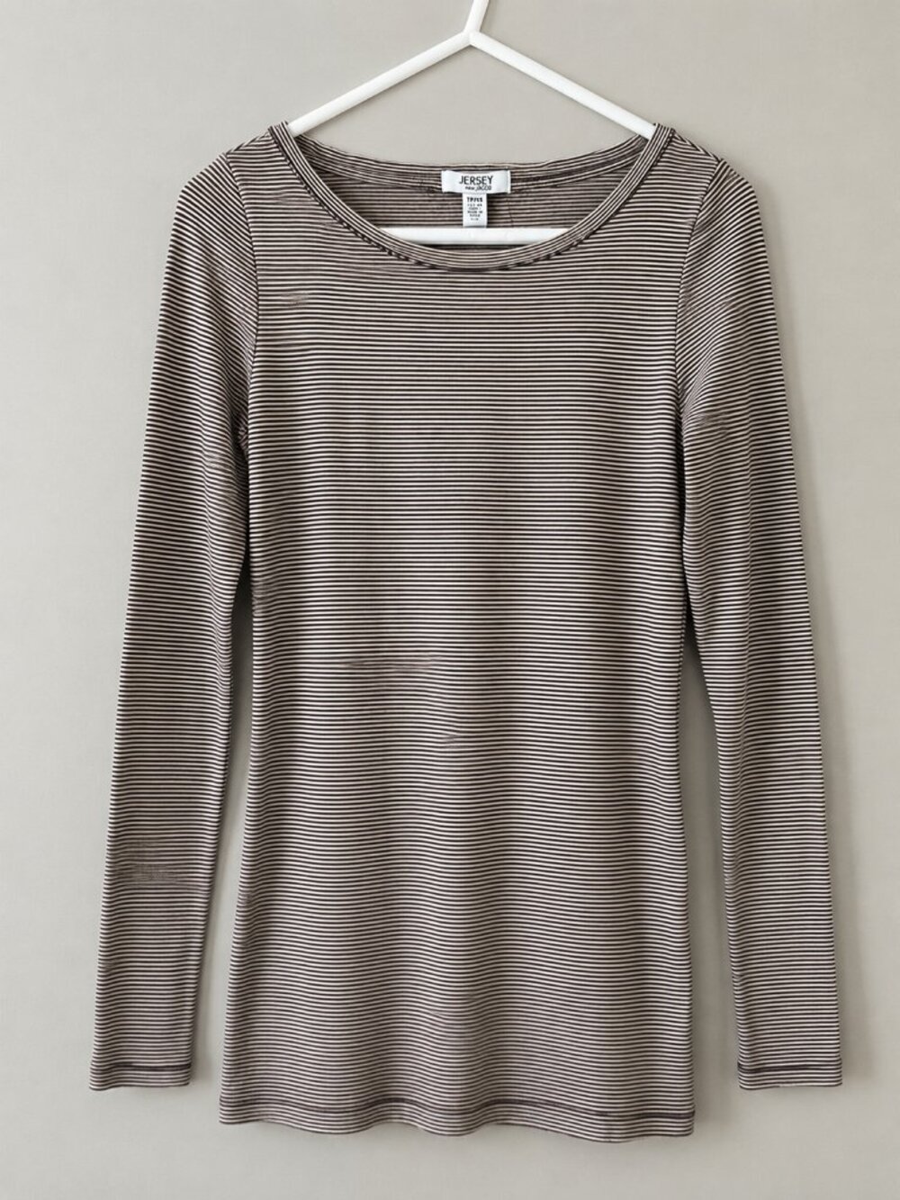 Jersey by Jacob Striped Long Sleeve Cotton Top XS Taupe Ivory Breton Stretch Tee - Picture 2 of 7